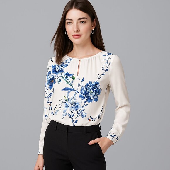 White House Black Market Tops - 2/$30 White House Black Market Floral Print Long Sleeve Blouse w Keyhole #A0706